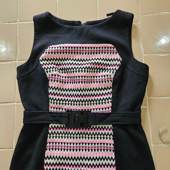 Milly of NY Wool Tweed Sheath Belted Black and Pink Below Knee Dress. Size 12 - Picture 5 of 8